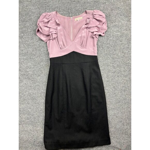 Rebecca Taylor Wool Dress Women's 6 Pink Black Ruffle Short Sleeve V Neck Silk - Picture 1 of 11